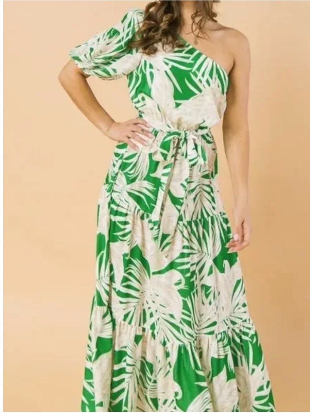 Flying Tomato Green and White One-Shoulder Tropical Maxi Dress